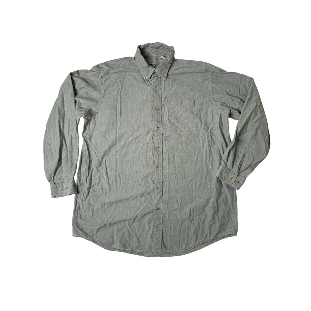 L.L. Bean Shirt Men XLT Green Sunwashed Canvas Chambray Fishing Camp Hike